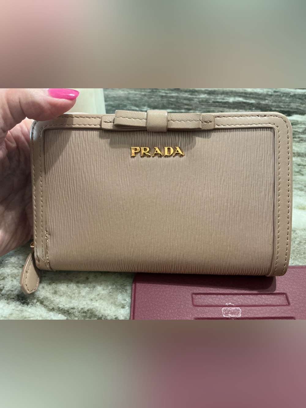Prada Nude Saffiano Leather Zip-Around Wallet with Bow